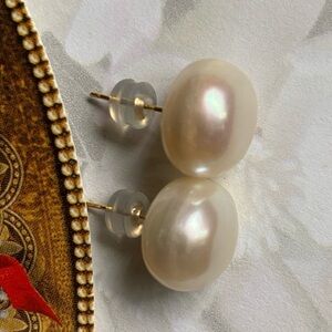 Beautiful classic solid 18k gold posts huge lustrous cultured button pearl studs